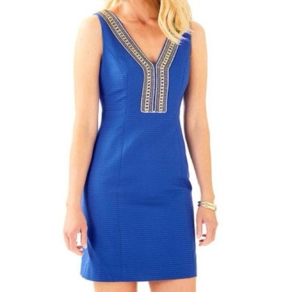 Lilly Pulitzer Eliot Shift Dress Blue Current Gold Beading Size 4